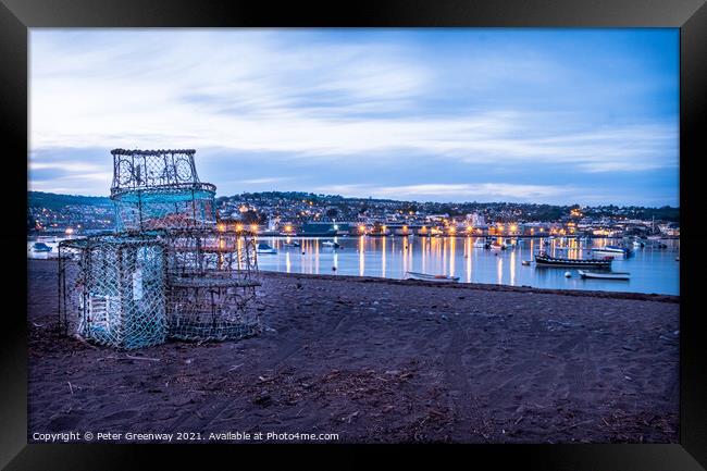 Fishermen Lobster Nets Drying At Sunset On Shaldon Framed Print by Peter Greenway