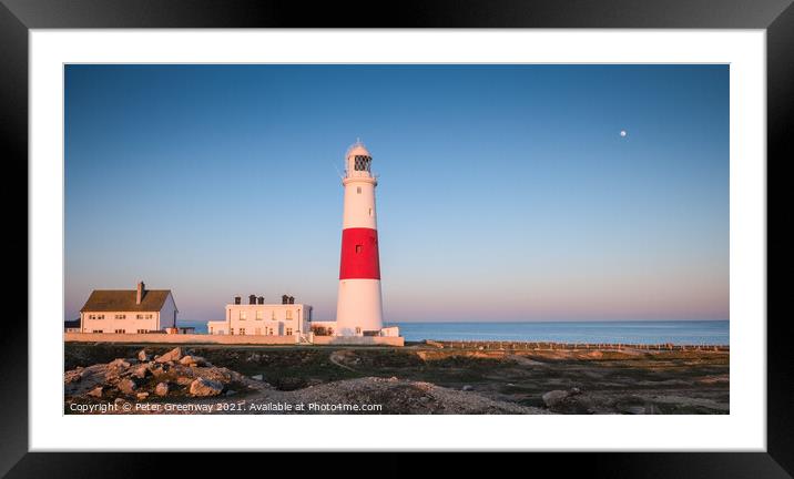 Moonrise At The Iconic Candy Striped Lighthouse At Portland Bill, Dorset Framed Mounted Print by Peter Greenway