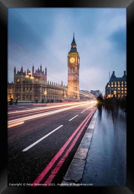 Commuters On Westminster Bridge, London On A Winte Framed Print by Peter Greenway