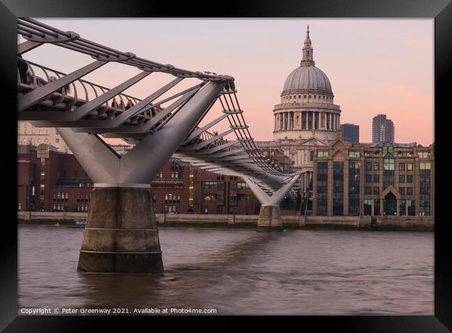 Millennium Bridge & St Pauls Dome On A Winters Sun Framed Print by Peter Greenway