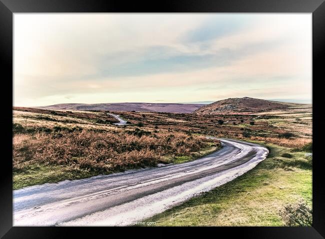 Winding Road Through Dartmoor In Devon At Sunset Framed Print by Peter Greenway