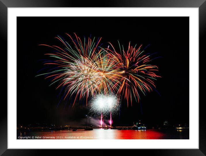Fireworks Over The Barbican Harbour, Plymouth During The British Firework Championships Framed Mounted Print by Peter Greenway