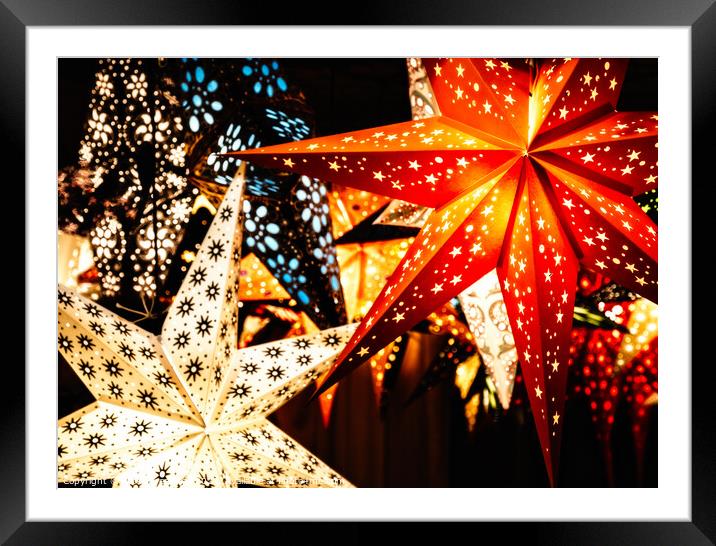 Colourful Illuminated Christmas Star Decorations Framed Mounted Print by Peter Greenway