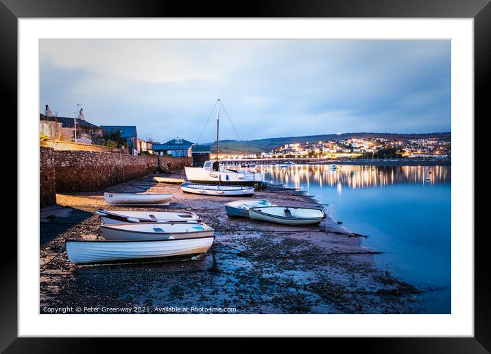 Rowing Gigs At Dusk On The Beach At Shaldon, Devon Framed Mounted Print by Peter Greenway