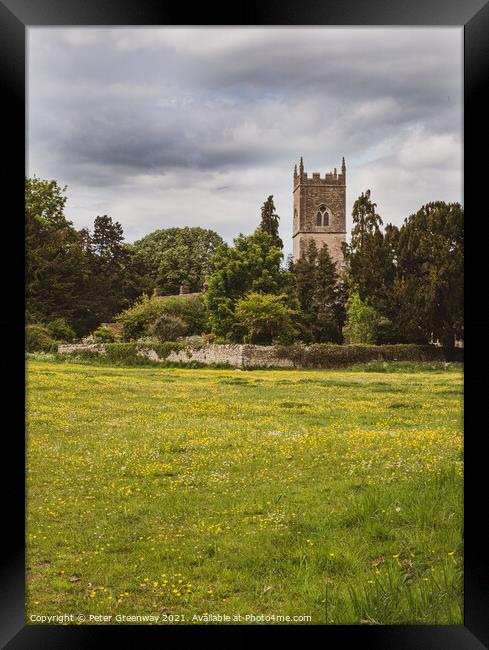 The Tower Of Straton Audley Parish Church, Oxfordshire From Across The Meadow Framed Print by Peter Greenway