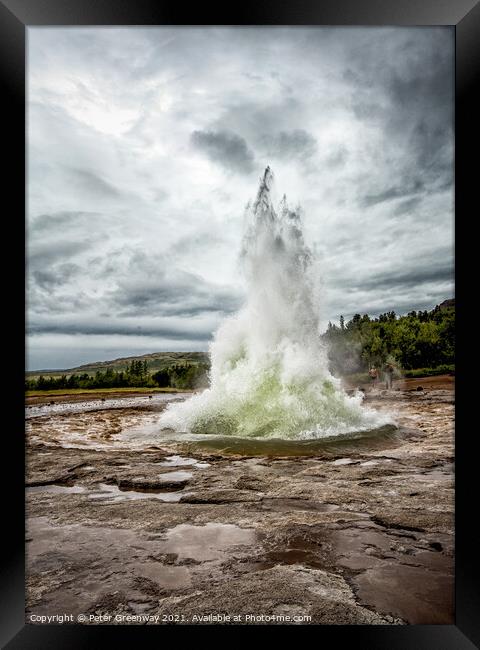 The Great Geyser At Iceland Errupting Framed Print by Peter Greenway