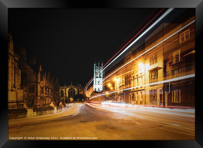 Traffic Light Trails Past Oxford University Magdal Framed Print by Peter Greenway