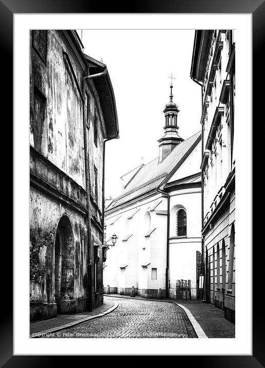 Cobbled Street & A Church In The Old Town In Kracow Framed Mounted Print by Peter Greenway