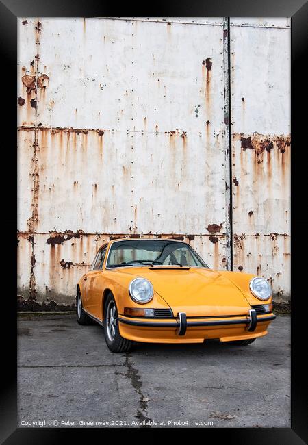 Classic Orange Porsche 911 Outside Rusted Hanger Doors Framed Print by Peter Greenway