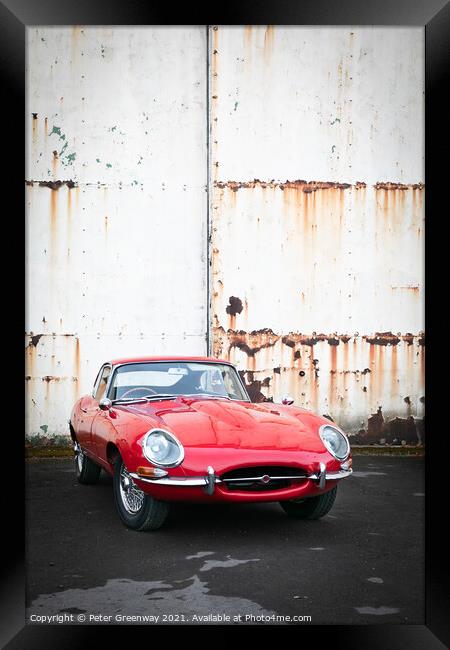 Red Classic Sports Car Rusty Hangar Doors Framed Print by Peter Greenway