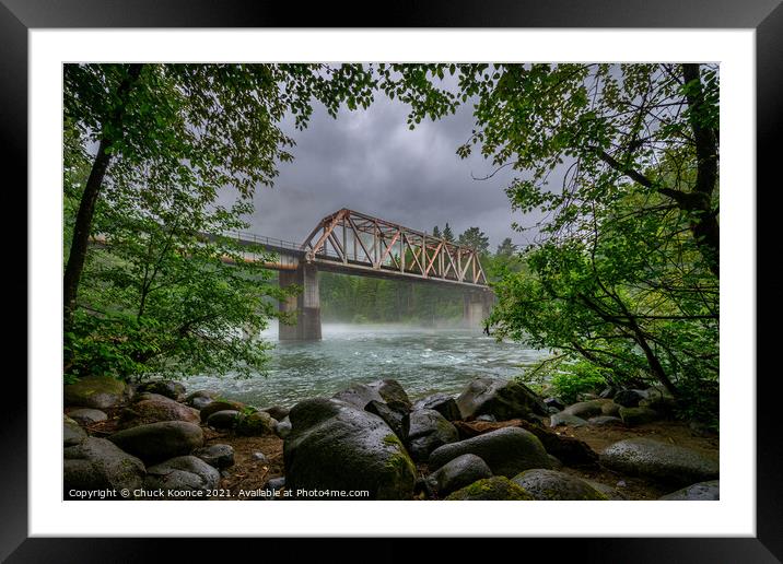 Rail road bridge over the Skykomish River Railroad in Western Washington state. Framed Mounted Print by Chuck Koonce