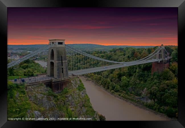 Clifton Suspension Bridge at sundown Framed Print by Graham Lathbury