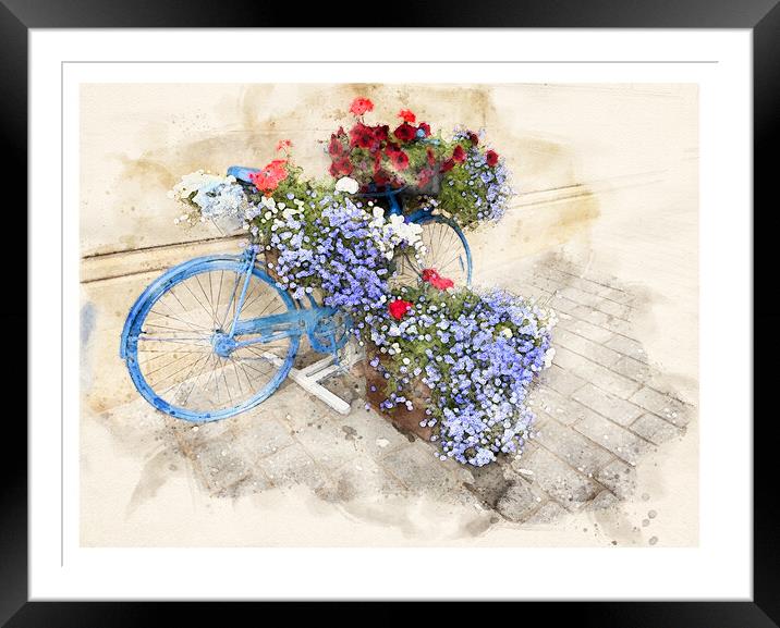 Exeter Bicycle flowers, watercolour Framed Mounted Print by Graham Lathbury