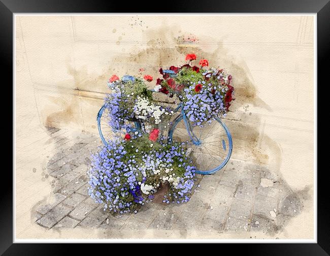 Exeter Bicycle Flowers - watercolour #2 Framed Print by Graham Lathbury