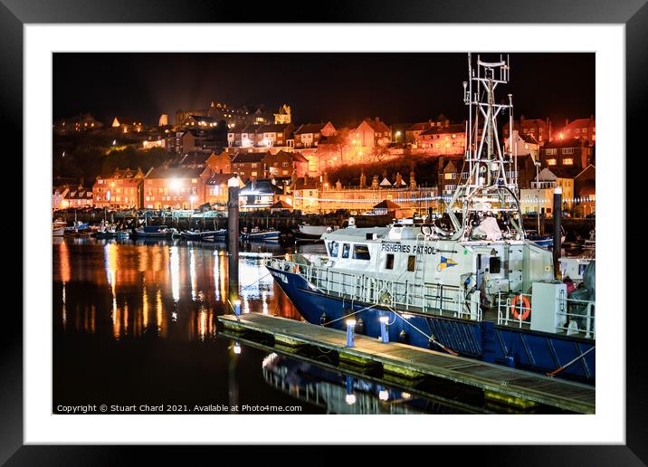 Whitby Harbour Fisheries Patrol Boat at night Framed Mounted Print by Stuart Chard