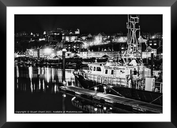 Black and white photograph of Whitby harbour at ni Framed Mounted Print by Stuart Chard