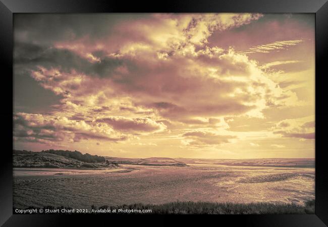 River estuary with dunes,coastline and  beach at Hayle in North Cornwall, England. Photograph with dramatic clouds and sky  Framed Print by Stuart Chard