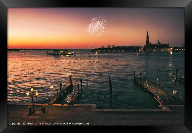 Venice bay at sunset with fireworks Framed Print by Stuart Chard