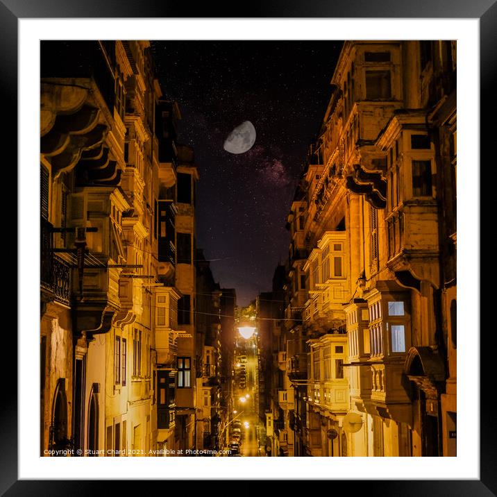 Valletta street at night by moonlight Framed Mounted Print by Stuart Chard