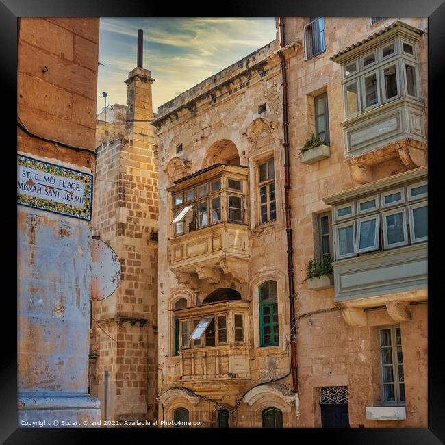 Balconies in Valletta, malts  Framed Print by Stuart Chard