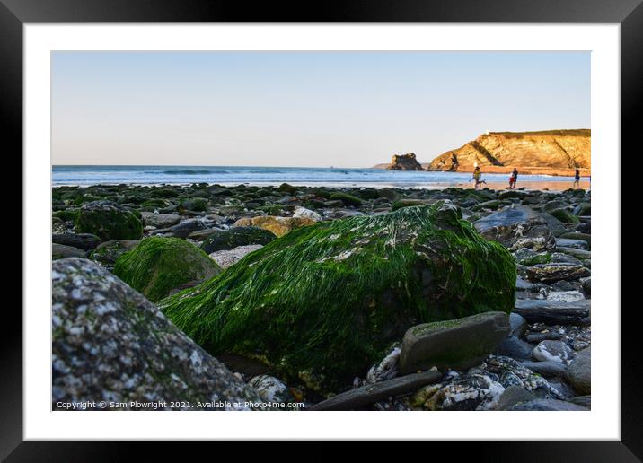 Colourful rock at sunset on Portreath beach. Framed Mounted Print by Sam Plowright
