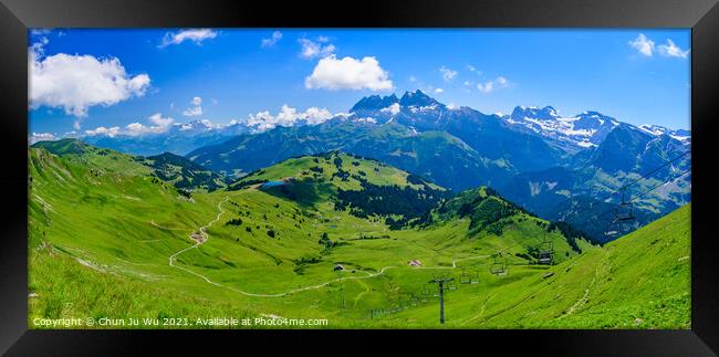 Panoramic landscape of mountains of Alps in summer with gondola lift in Portes du Soleil, Switzerland, Europe Framed Print by Chun Ju Wu