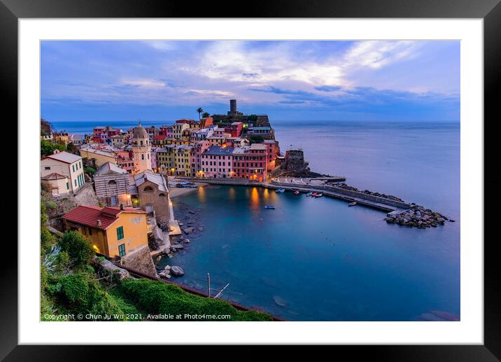 Sunset view of Vernazza, one of the five Mediterranean villages in Cinque Terre, Italy, famous for its colorful houses and harbor Framed Mounted Print by Chun Ju Wu
