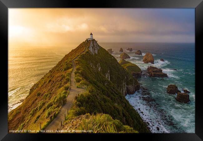 Nugget Point and lighthouse with sunrise at South Island, New Zealand Framed Print by Chun Ju Wu