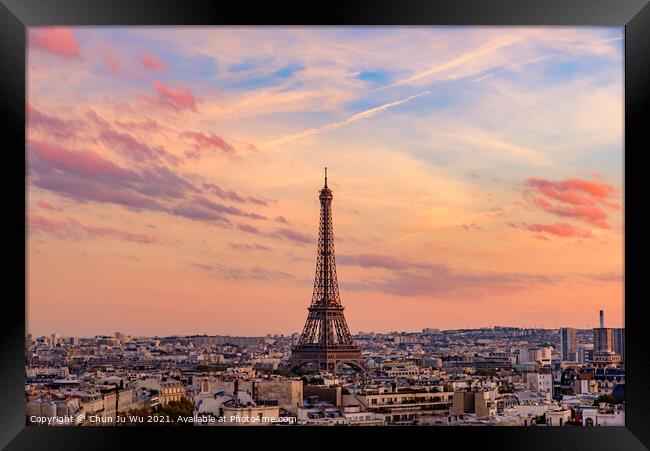 Eiffel Tower at sunset time with colorful sky and clouds, Paris, France Framed Print by Chun Ju Wu