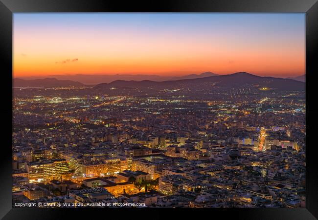 Panoramic view of Athens city from Lykavittos Hill at sunset time Framed Print by Chun Ju Wu