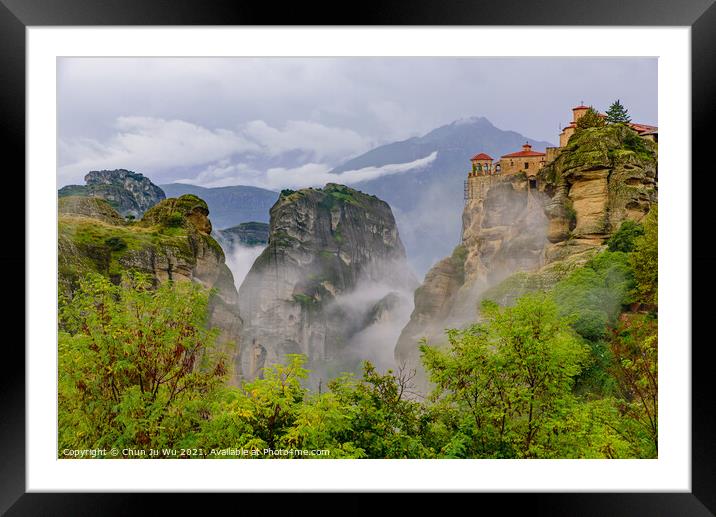 Monastery of Varlaam in the fog, the second largest Eastern Orthodox monastery in Meteora, Greece Framed Mounted Print by Chun Ju Wu