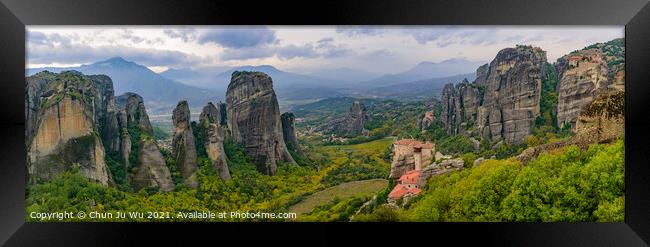 Panorama of the landscape of monastery and rock formation in Meteora, Greece Framed Print by Chun Ju Wu