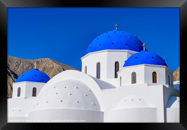 Blue domed church in Santorini, Greece Framed Print by Chun Ju Wu