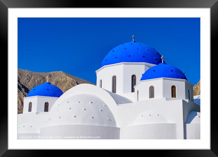 Blue domed church in Santorini, Greece Framed Mounted Print by Chun Ju Wu