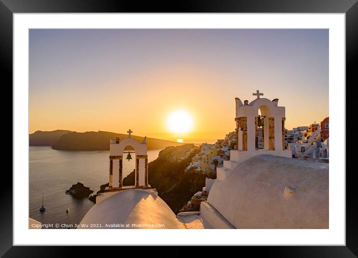 Bell tower with warm sunset light in Oia, Santorini, Greece Framed Mounted Print by Chun Ju Wu
