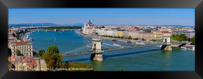 Panorama of Hungarian Parliament Building, Széchenyi Chain Bridge, and River Danube in Budapest, Hungary Framed Print by Chun Ju Wu