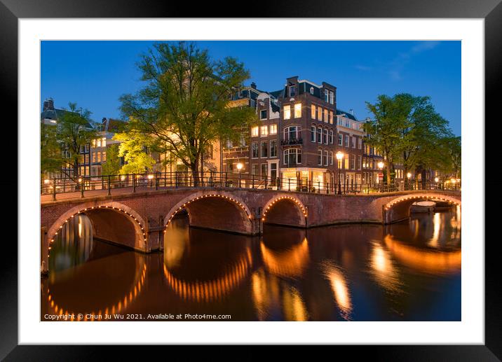 Reflection of bridge along the canal at night in Amsterdam, Netherlands Framed Mounted Print by Chun Ju Wu