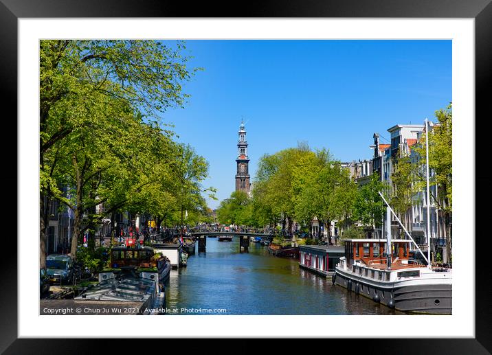 Buildings and boats along the canal in Amsterdam, Netherlands Framed Mounted Print by Chun Ju Wu