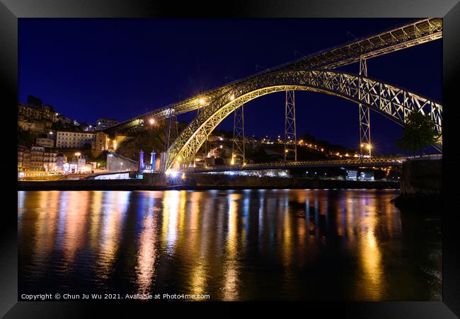 Night view of Dom Luis I Bridge, a double-deck bridge across the River Douro in Porto, Portugal Framed Print by Chun Ju Wu