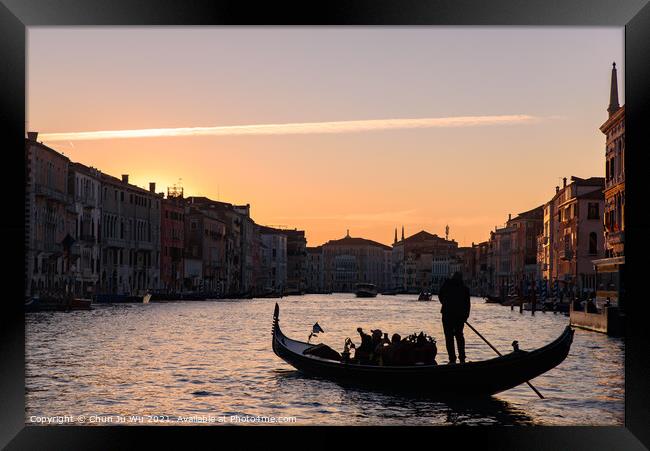Silhouette of gondola on the Grand Canal at sunrise / sunset time, Venice, Italy Framed Print by Chun Ju Wu