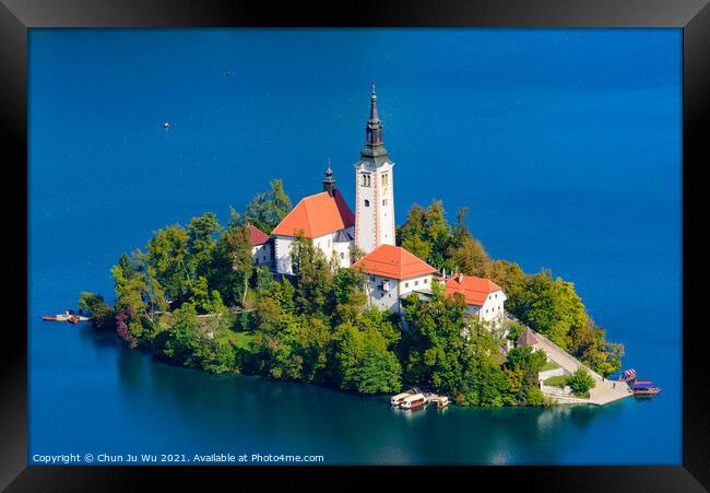 Aerial view of Bled Island and Lake Bled from Osojnica Hill, a popular tourist destination in Slovenia Framed Print by Chun Ju Wu