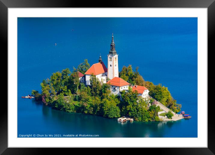 Aerial view of Bled Island and Lake Bled from Osojnica Hill, a popular tourist destination in Slovenia Framed Mounted Print by Chun Ju Wu