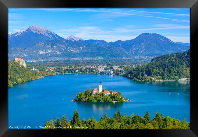 Aerial view of Bled Island and Lake Bled from Osojnica Hill, a popular tourist destination in Slovenia Framed Print by Chun Ju Wu