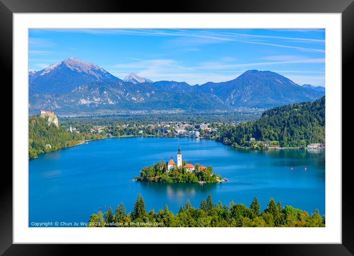 Aerial view of Bled Island and Lake Bled from Osojnica Hill, a popular tourist destination in Slovenia Framed Mounted Print by Chun Ju Wu