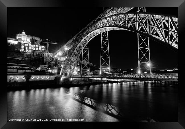 Night view of Dom Luis I Bridge, a double-deck bridge across the River Douro in Porto, Portugal (black & white) Framed Print by Chun Ju Wu