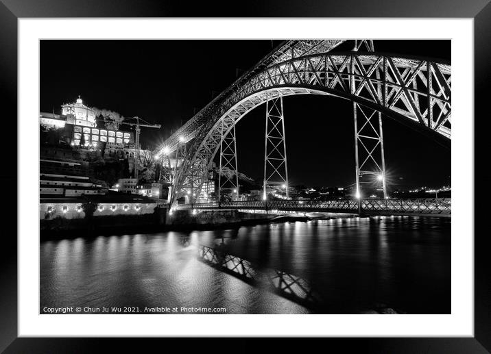 Night view of Dom Luis I Bridge, a double-deck bridge across the River Douro in Porto, Portugal (black & white) Framed Mounted Print by Chun Ju Wu