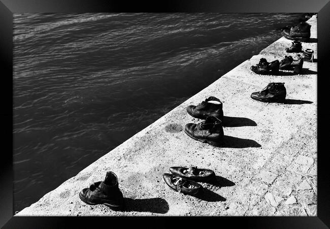 Shoes on the Danube Bank, a memorial for the Jews killed during World War II in Budapest, Hungary (black & white) Framed Print by Chun Ju Wu
