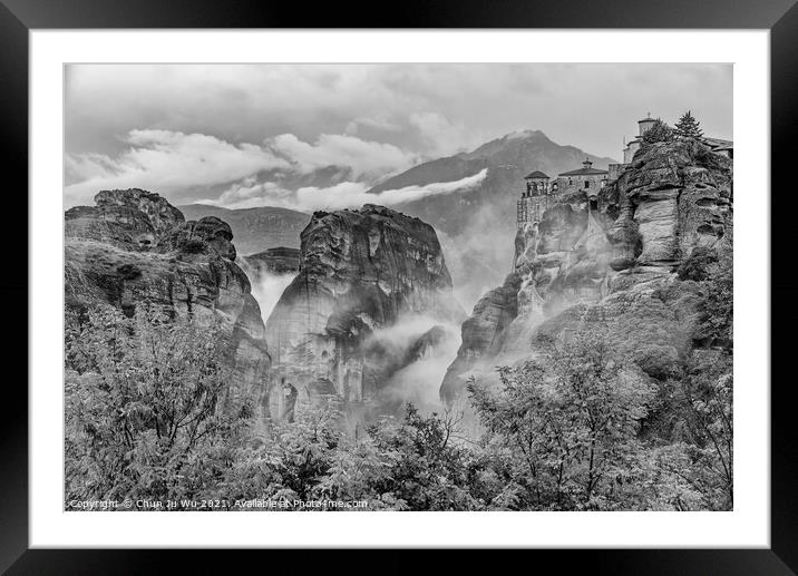 Monastery of Varlaam in the fog, the second largest Eastern Orthodox monastery in Meteora, Greece (black & white) Framed Mounted Print by Chun Ju Wu