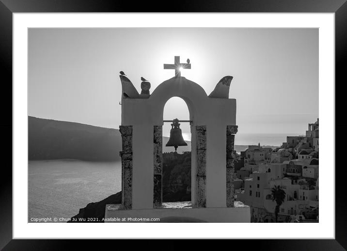 Bell tower with warm sunset light in Oia, Santorini, Greece (black & white) Framed Mounted Print by Chun Ju Wu