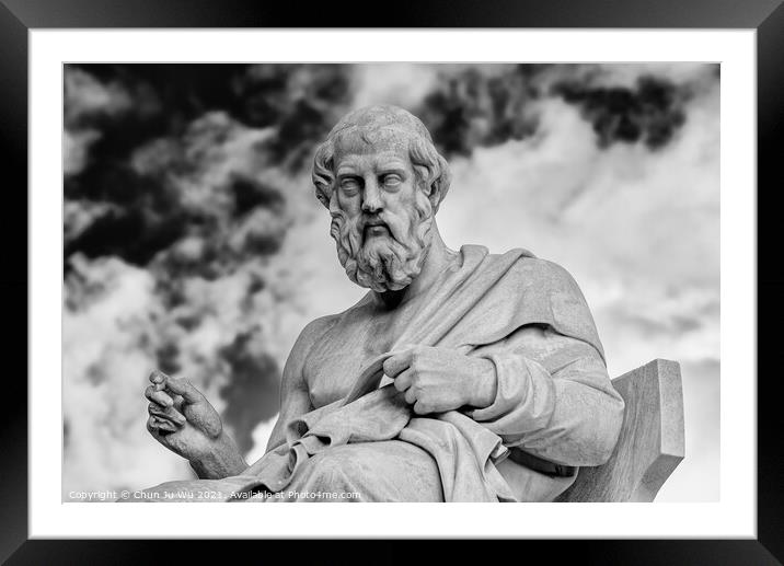 Statue of Plato in front of Academy of Athens in Athens, Greece (black & white) Framed Mounted Print by Chun Ju Wu